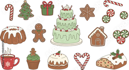 Christmas sweets illustration, gingerbread cookies, festive cakes, holiday treats, peppermint candy, Christmas mug, gift box, cupcake, snowflake cookie