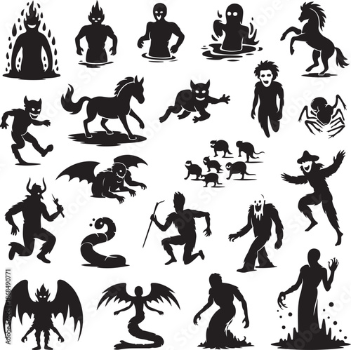 Collection of various black silhouette monsters and animals on white background