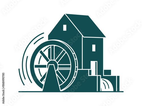 Water mill building silhouette with rotating water wheel and flowing water vector illustration