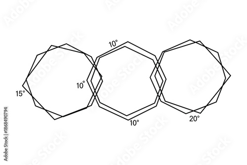 Geometric illustration of three overlapping decagons rotated by different degrees vector graphic