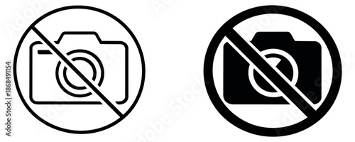 Minimalist icon no photography set featuring outline and solid camera prohibition symbols for public signs and safety notices