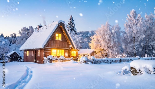 Cozy wooden cabin at dusk, covered in snow, with warm lights, falling flakes