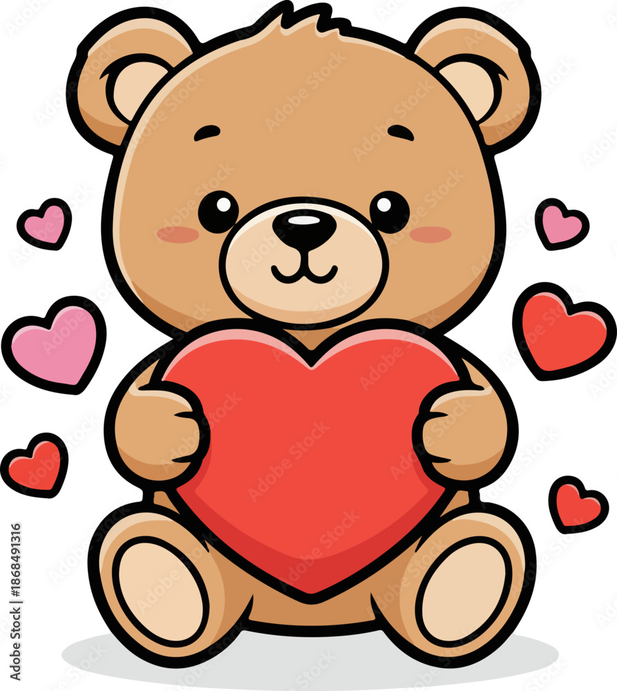 Obraz premium Cute Valentine Teddy Bear Holding Heart Illustration With Bright Bold Colors