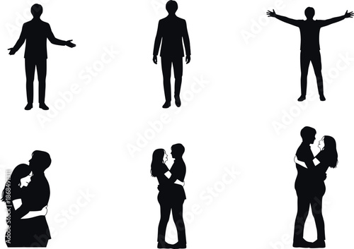 A collection of human silhouettes displaying individual poses and couple embraces