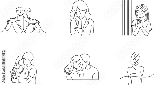 A collection of minimalist line art illustrations depicting various human emotions and relationships