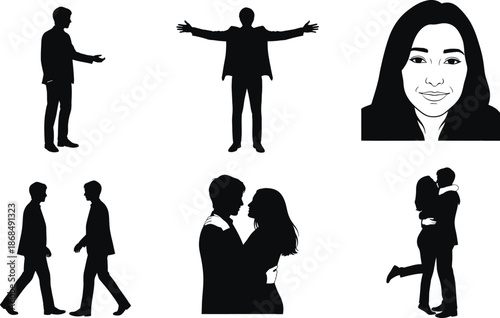 Collection of black silhouettes representing various human interactions and romantic moments