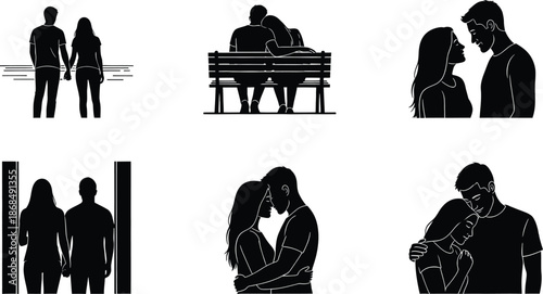 A collection of silhouette illustrations depicting romantic couple interactions and affection
