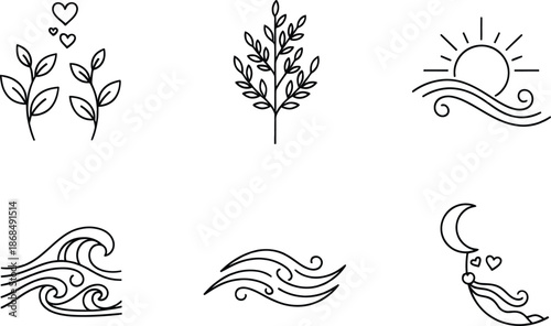 Minimalist nature and romance elements collection: plants, sun, moon, and ocean wave illustrations