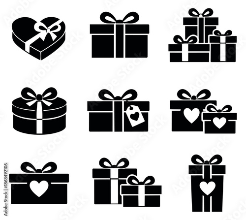 Flat gift box icon set featuring various shapes with ribbons and hearts for celebrations