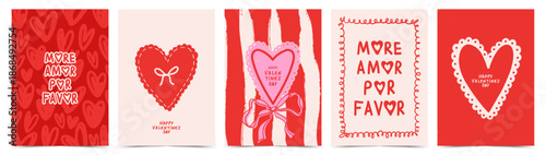 Creative concept of Happy Valentine's Day card set with hearts shapes, bows  and typography design. Modern abstract vector template for celebration, ads, branding, banner, cover, label, poster, sales