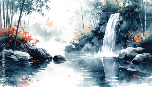 Ink waterfall river scene with falling leaves for branding assets. Monochrome nature cascade ideal for luxury spa wall backgrounds. Elegant oriental landscape perfect for meditation marketing visuals