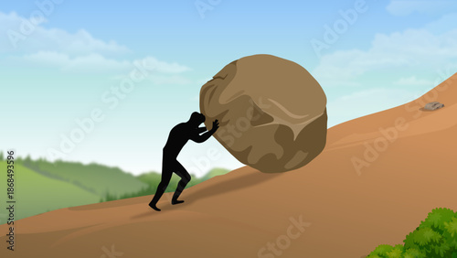 Man Pushing a Boulder Uphill – Struggle, Persistence and Success Concept Illustration