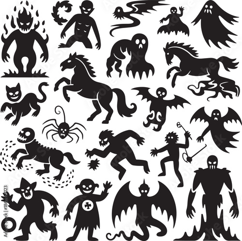 Halloween icons set of spooky silhouettes and creatures