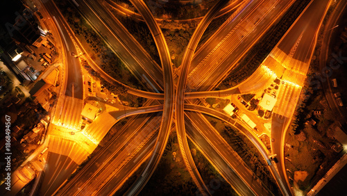 Bilde på lerret Aerial drone slow shutter night shot of illuminated highway multilevel junction
