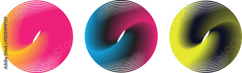 Abstract vector graphics set featuring three vibrant gradient flow shapes with layered line details on white