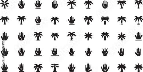 Tropical Palm Tree and Hand Icon Set – Minimalist Summer Beach Symbols and Gesture Graphics
