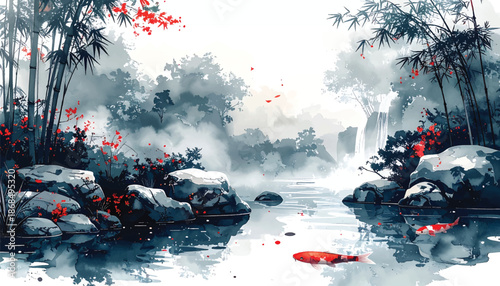 Ink bamboo river valley with koi for elegant brand backdrops. Monochrome oriental waterscape ideal for minimalist wall art. Red blossom accent landscape perfect for spa brochure covers