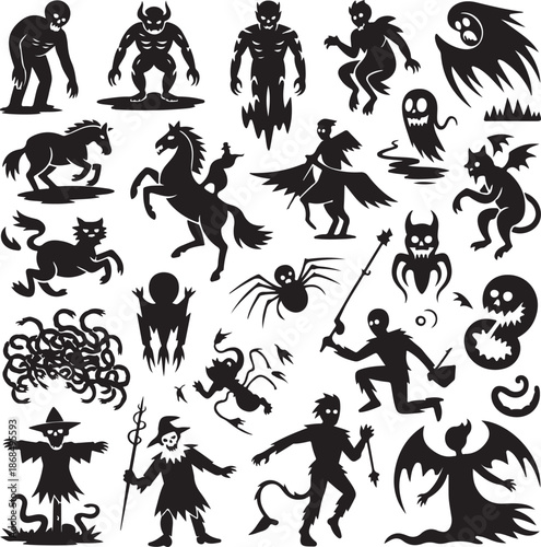 Halloween icons with various monsters and creatures on white background