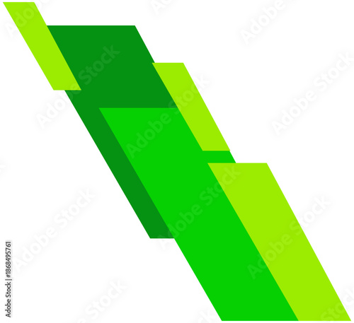 Vibrant green geometric shapes are stacked and angled on a white background