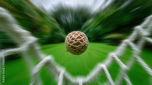 Wallpaper Mural A vibrant motion-blurred image of a ball flying towards a goal, perfect for sports-related content, articles, or promotional materials focusing on lacrosse or team sports, Torontodigital.ca