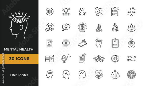 self care and mental health thin line icons set for wellness and mindfulness