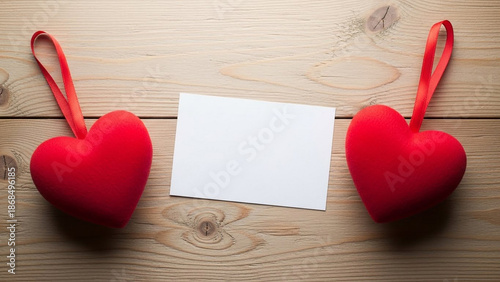 Two red heart shaped ornaments on a wooden background with a blank white card for valentines day or love themed messages