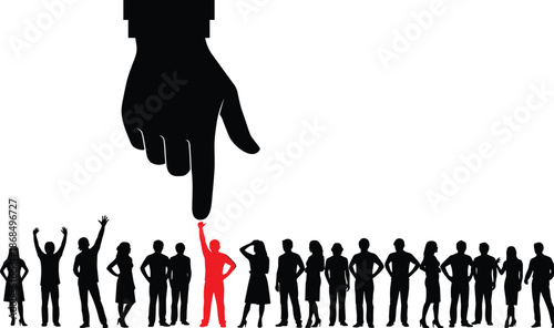 Business leadership concept illustration showing selection of standout individual from crowd by pointing hand, recruitment, choice and decision making
