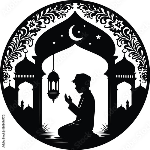 Muslim Boy Praying Silhouette in Islamic Arch Frame with Hanging Lantern and Mosque Background Vector.
