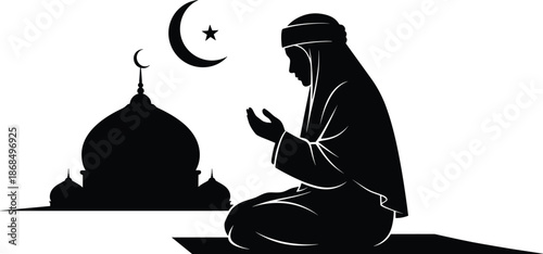 Muslim man praying at night silhouette with mosque, crescent moon and star, Islamic worship, Ramadan spirituality and peaceful faith concept