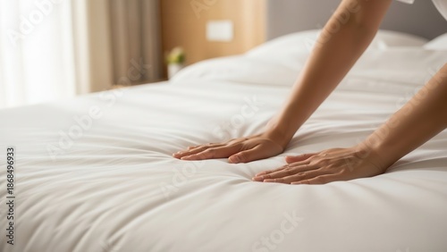 A bright, close-up shot features a woman's hands gently pressing the soft, white quilted mattress, highlighting the clean and comfortable mood of the hotel bedroom.