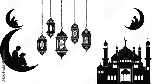 Ramadan Kareem Islamic silhouette illustration with mosque, hanging lanterns, crescent moon and people reading Quran, spiritual night worship concept