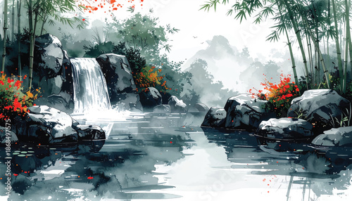Ink waterfall bamboo landscape with red flowers for branding use. Monochrome nature cascade ideal for minimalist poster designs. Asian inkstyle river scene perfect for premium spa packaging