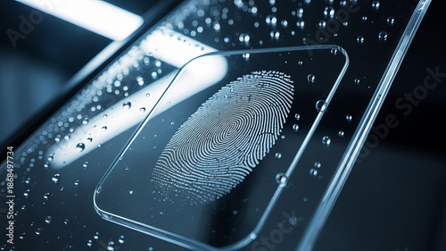 Forensic fingerprint analysis: A detailed close-up shot of a glass surface with fingerprint evidence. capturing a sense of mystery and forensic investigation.