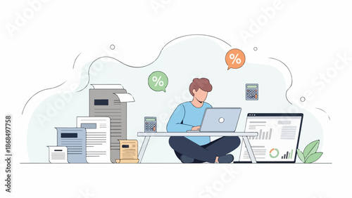 Illustration of a man sitting on the floor working on a laptop surrounded by office supplies and equipment in a modern workspace.