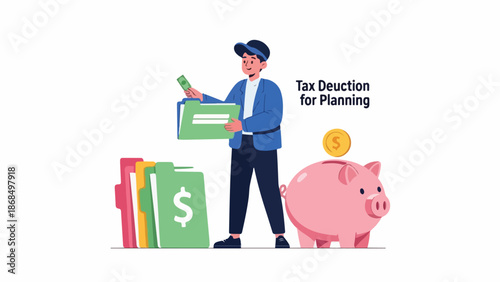 Illustration of a man holding a tax deduction document next to a piggy bank and financial books with a coin slot on a white background.