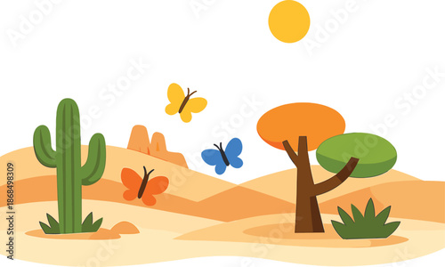 Abstract desert scenery with trees, butterflies, and clouds