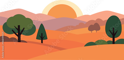 An abstract depiction of a dawn landscape featuring trees