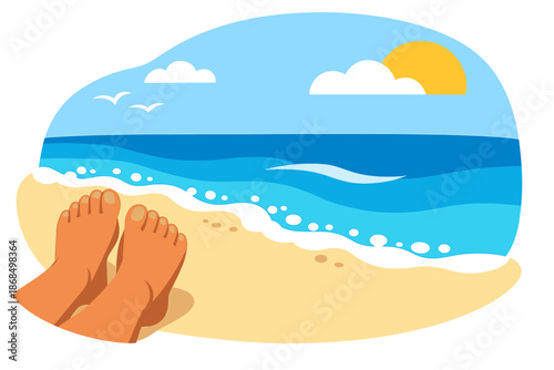 A foot beside a blue sea and sandy beach, set against an abstract summer backdrop