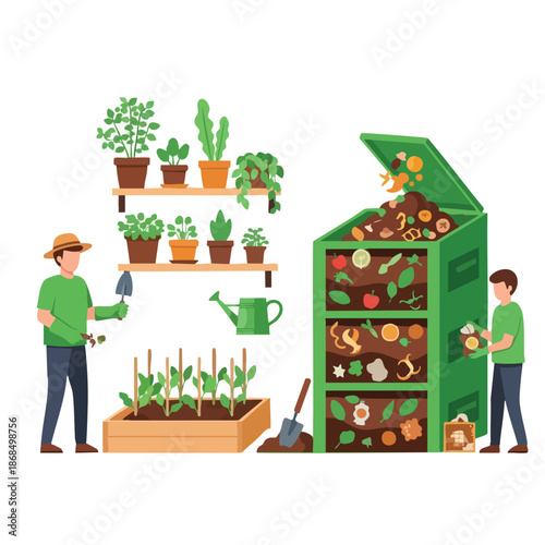 Two gardeners tending plants and adding organic waste to a large compost bin with gardening tools and shelves of potted plants nearby in a colorful illustration.