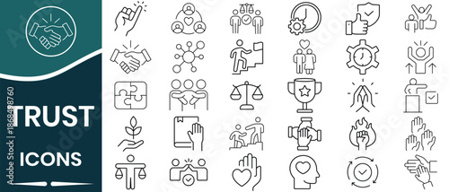 Set of trust icon vector. Icon for confidence credibility, empathy, responsibility, reliable, friends, ethics, assurance, promise, trustworthy, truth, faith, sincerity and more. Vector illustration.