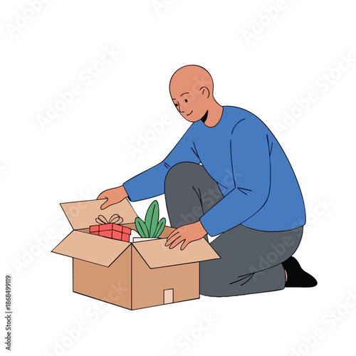 Man Unpacking Box with Gift and Plant