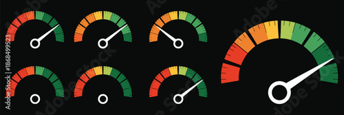 Colorful gauge meter indicator showing progress from empty to full, vector illustration for business analytics, technology dashboards, risk management, and quality performance measurement.