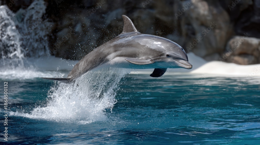 Obraz premium Dolphin Leaping Out of Clear Blue Water Creating Splash of Joy