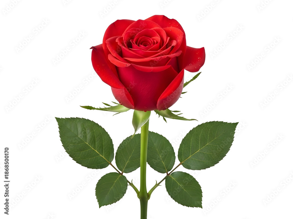 Fototapeta premium A single red rose in full bloom isolated on white background