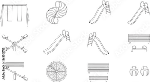 A collection of playful playground equipment for childhood activity, rendered in monochrome style, inviting imagination and adventure.