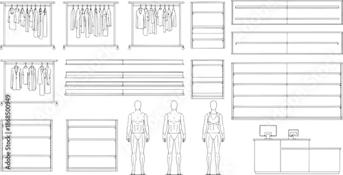 A minimalist outline of a clothing store display, with racks of apparel, shelves, and mannequins, provides a unique perspective on retail design.