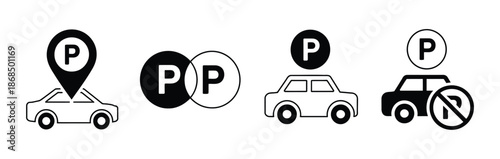 Find parking spot car parking location sign and no parking icon, road navigation symbols, traffic control, urban transport, and safety illustration.