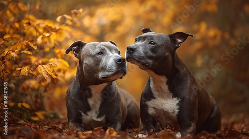 Two muscular companion animals sit among vibrant yellow foliage during the autumn season