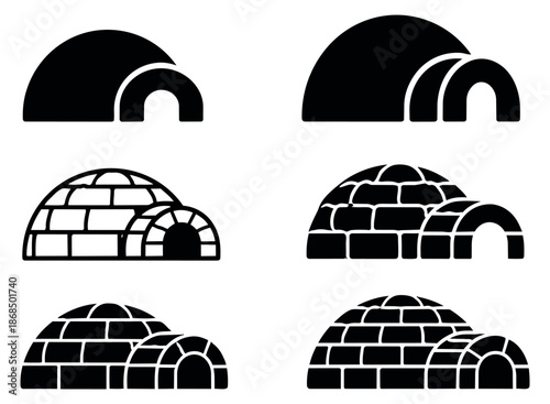 Stylized graphic igloo icon set featuring solid and line art styles for winter and arctic designs
