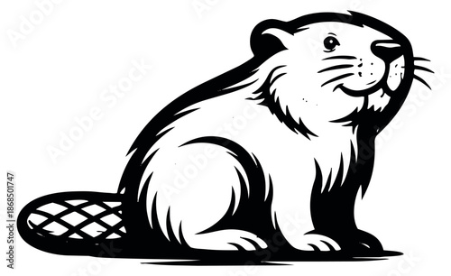 Hand drawn line art illustration of a beaver depicting a sitting pose for nature and wildlife concepts